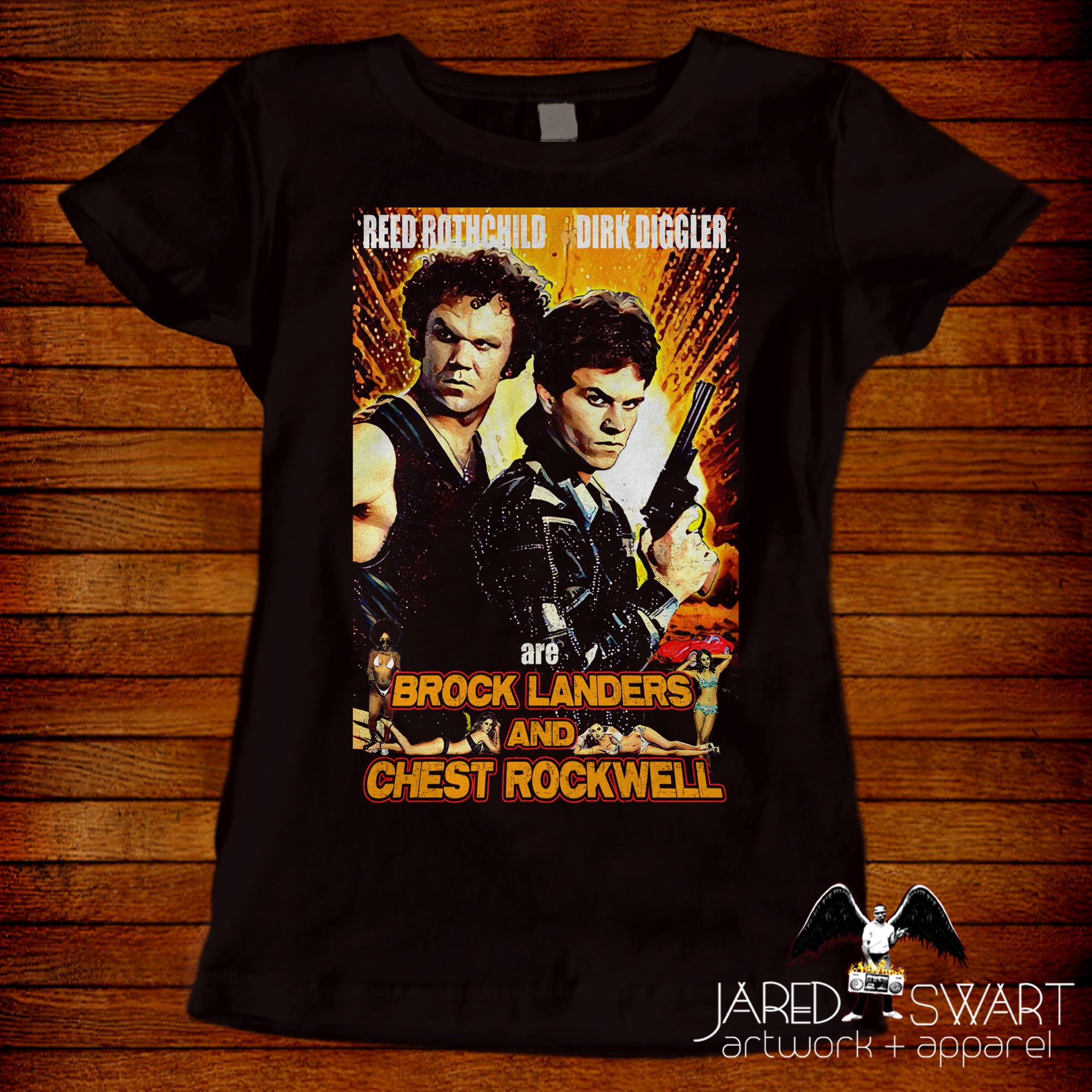 Dirk Diggler Reed Rothchild Brock Landers Chest Rockwell movie poster parody T-shirt Boogie Nights